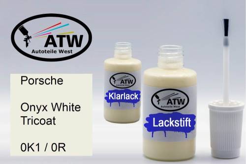 Porsche, Onyx White Tricoat, 0K1 / 0R: 20ml Lackstift + 20ml Klarlack - Set, von ATW Autoteile West.